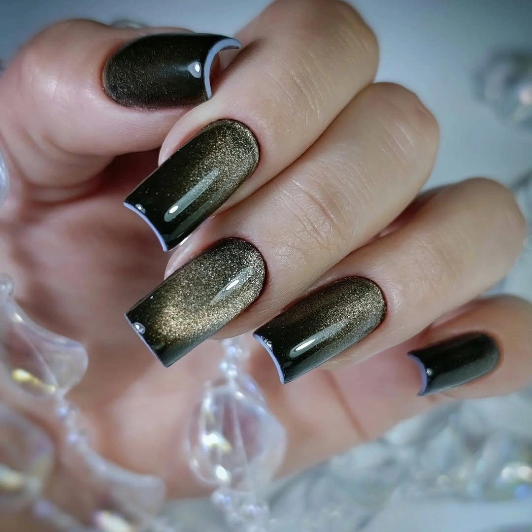 Black square nails with olive reflective center accents