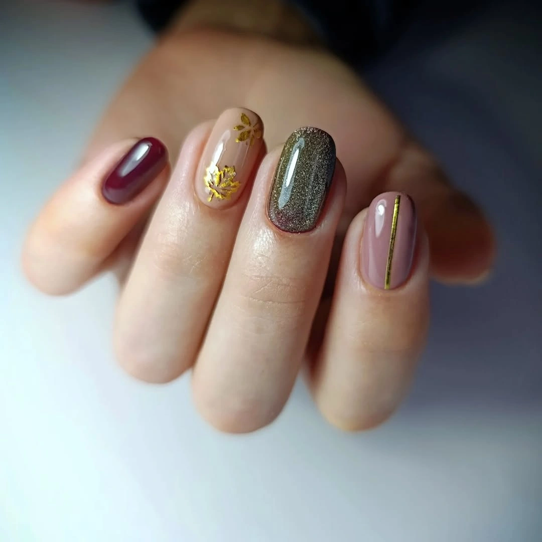 Short square nails with berry olive gold and nude accents