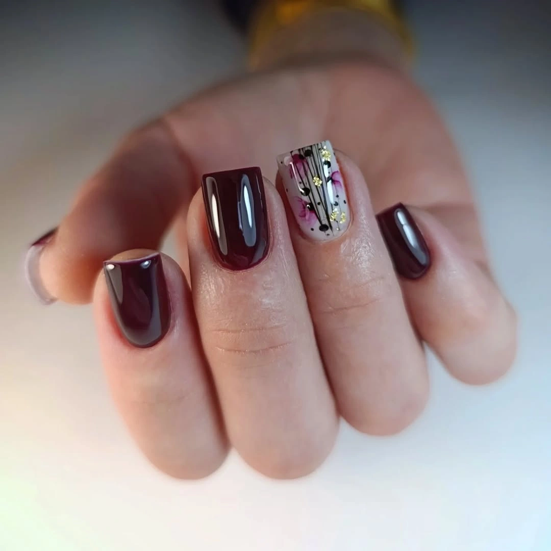 Milky coffin nails with thin gold curved outlines