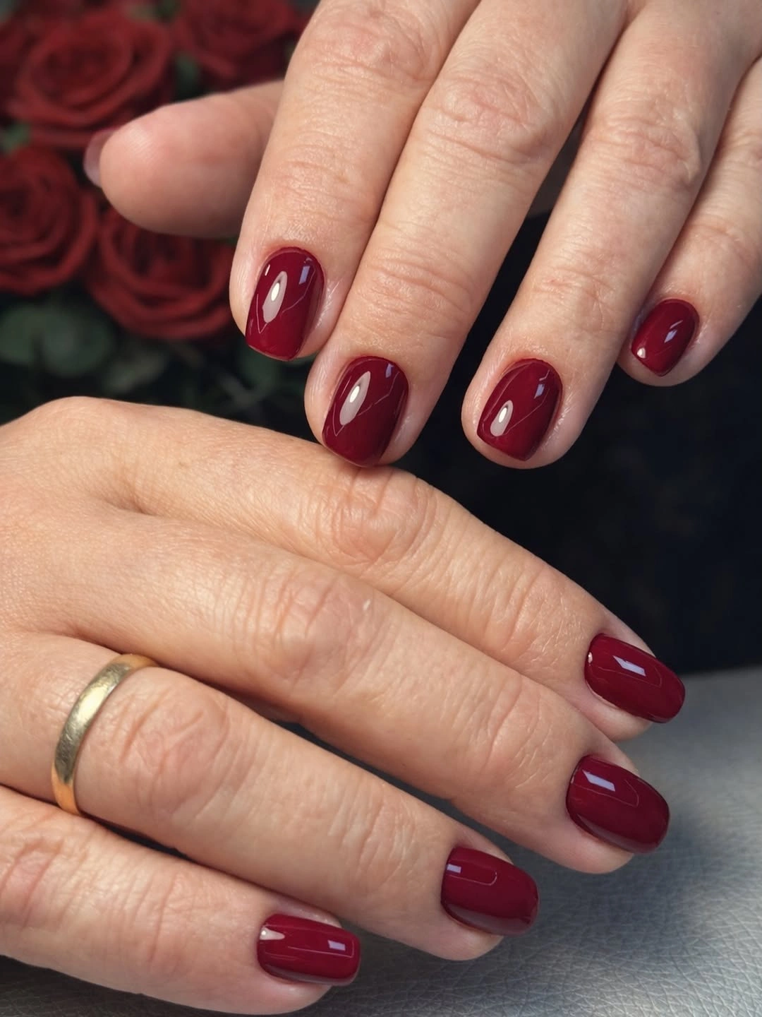 Short burgundy red square nails