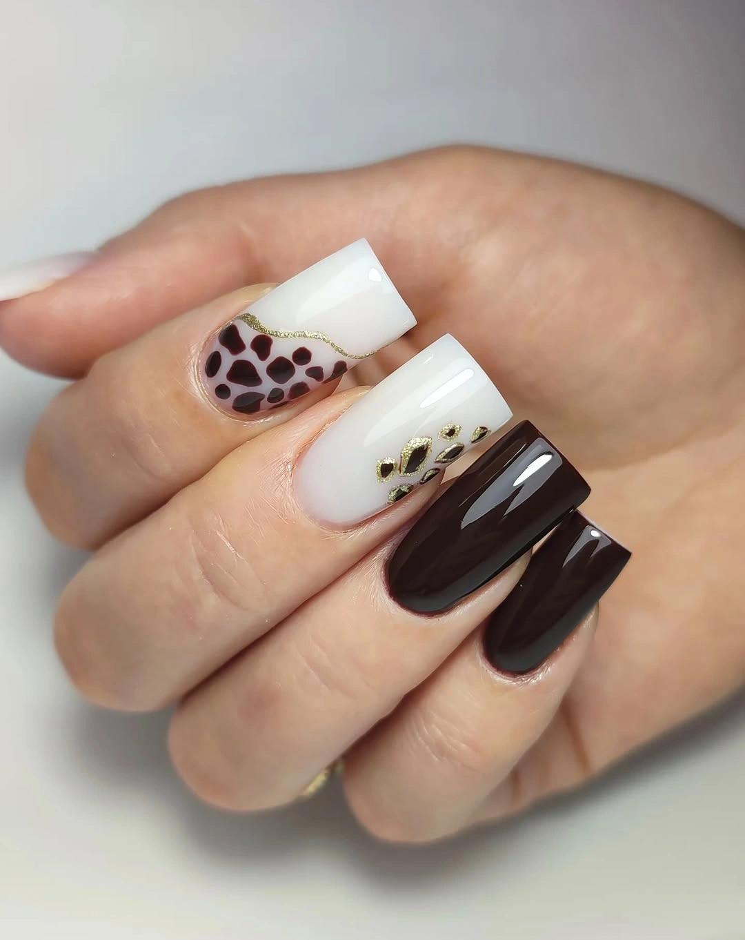 Medium square chocolate nails with spotted accent