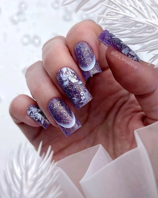 Medium purple glitter square nails with pale accents