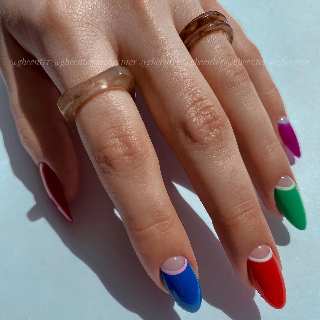 Medium almond blush nails with low-contrast cloudy marbling