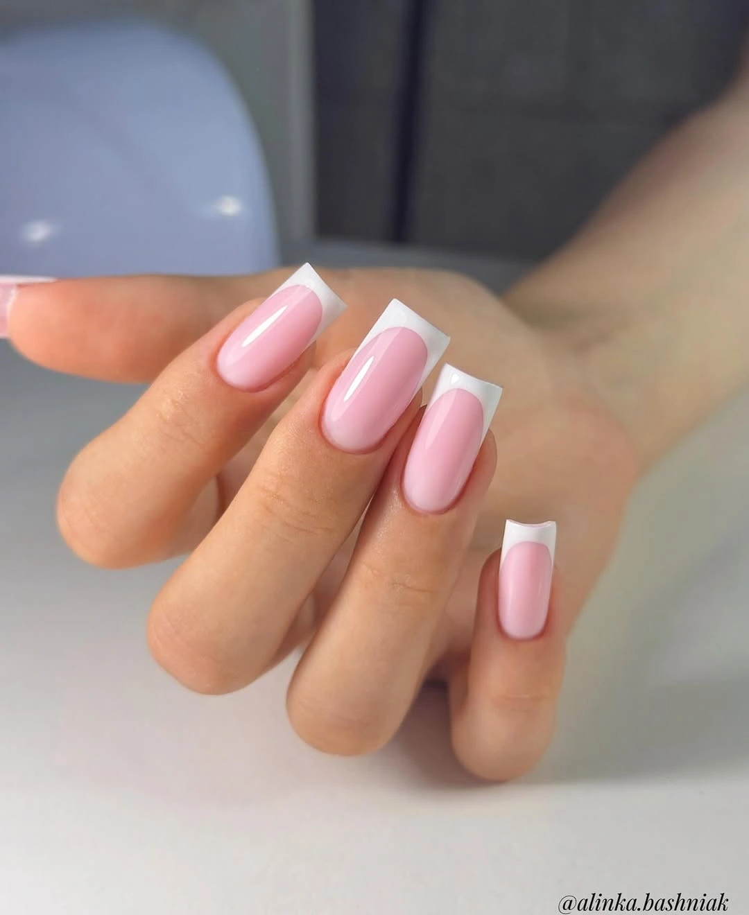 Bold square French nails with glossy pink bases