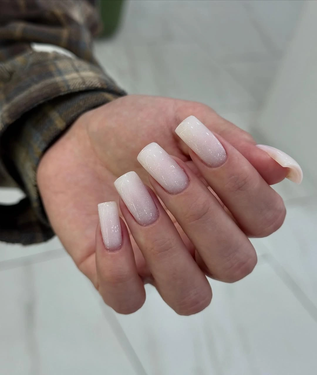 Milky square shimmer nails with soft pink undertones