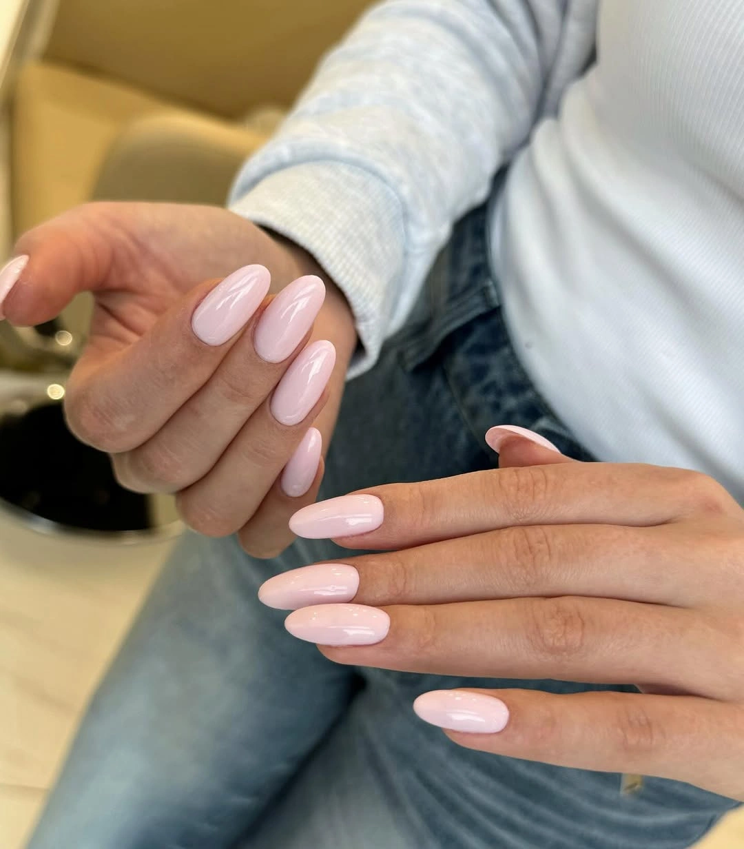 Glossy pale pink almond wedding nails