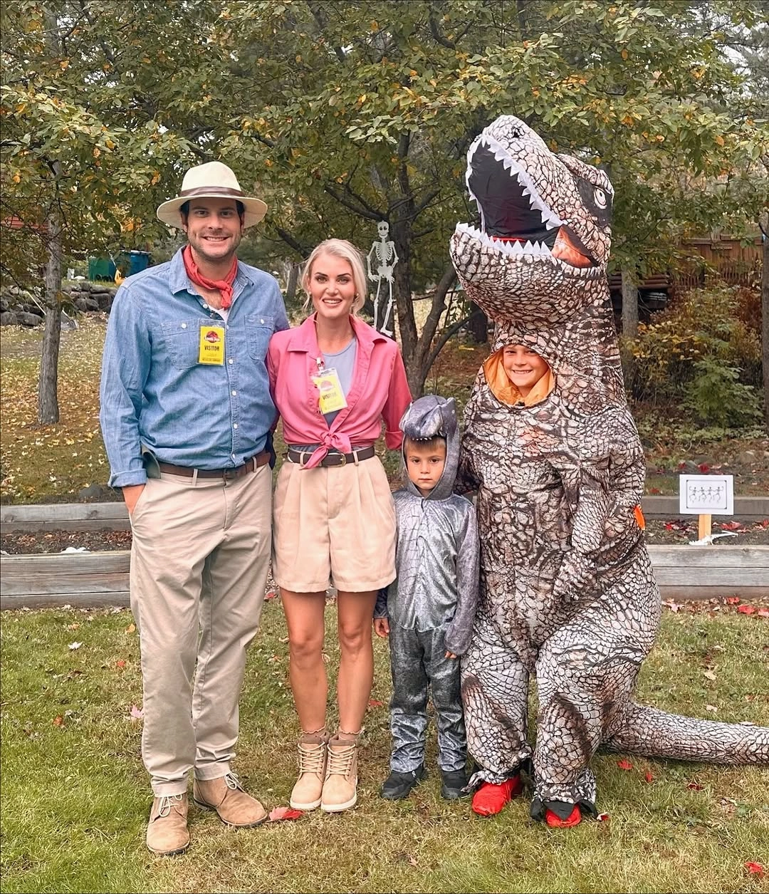 Family costumes with dinosaur shape neutral safari layers and gray outfit