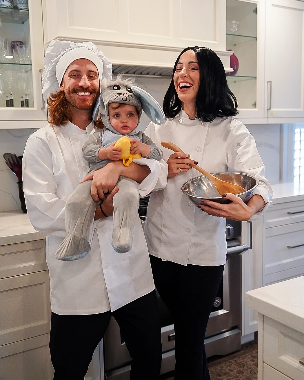 Family costumes with white coats and gray animal hood