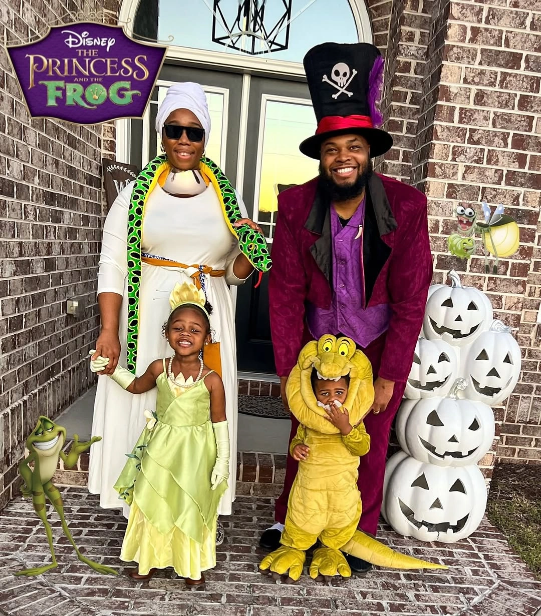 Family costumes in deep red green and yellow character colors