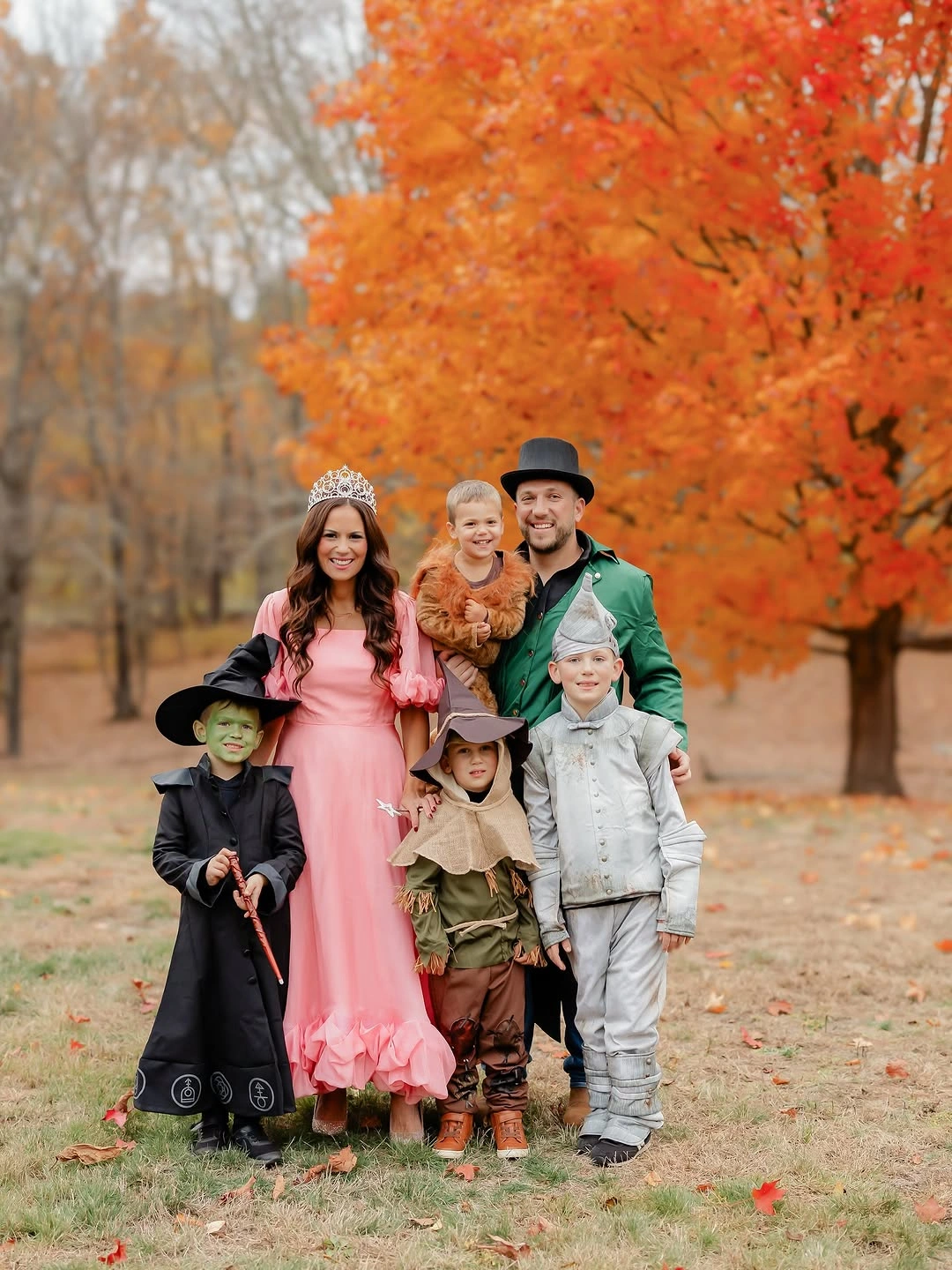 Family Halloween outfits in green pink black and white layers