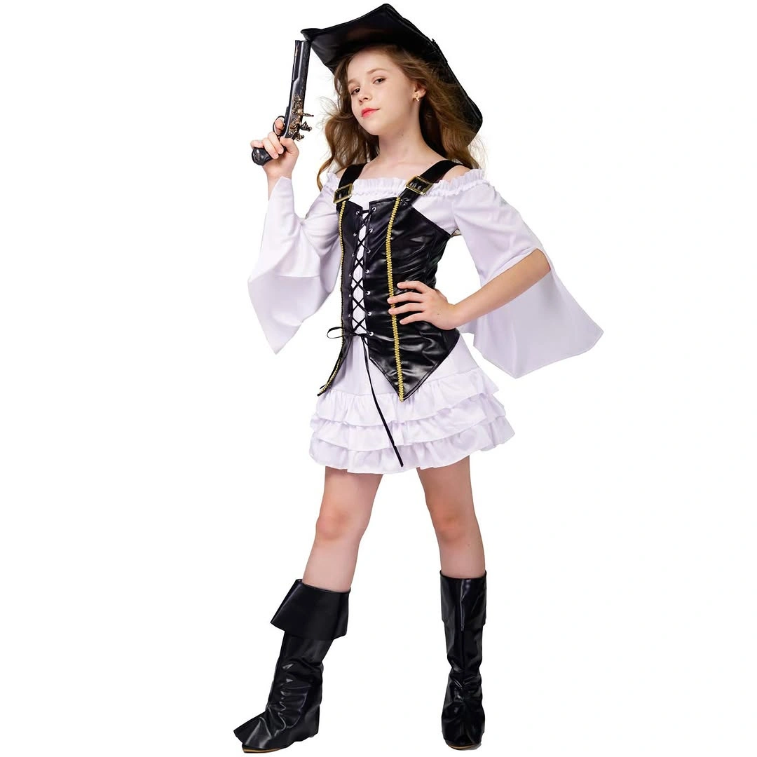 Girl pirate costume with white blouse black vest and pirate hat