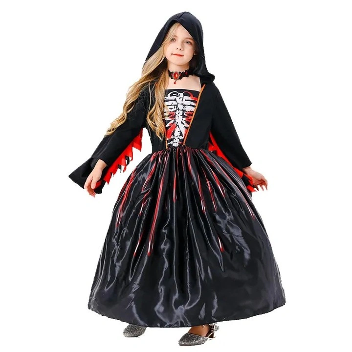 Girl skeleton dress with red white face detail and dark layers
