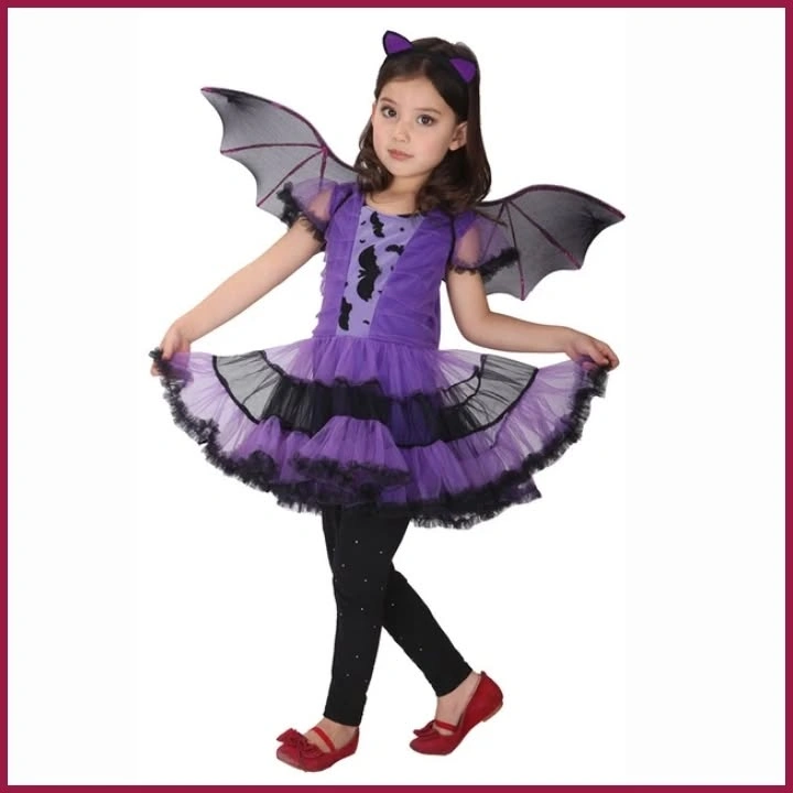 Girl purple black costume with bat wings and cat ears