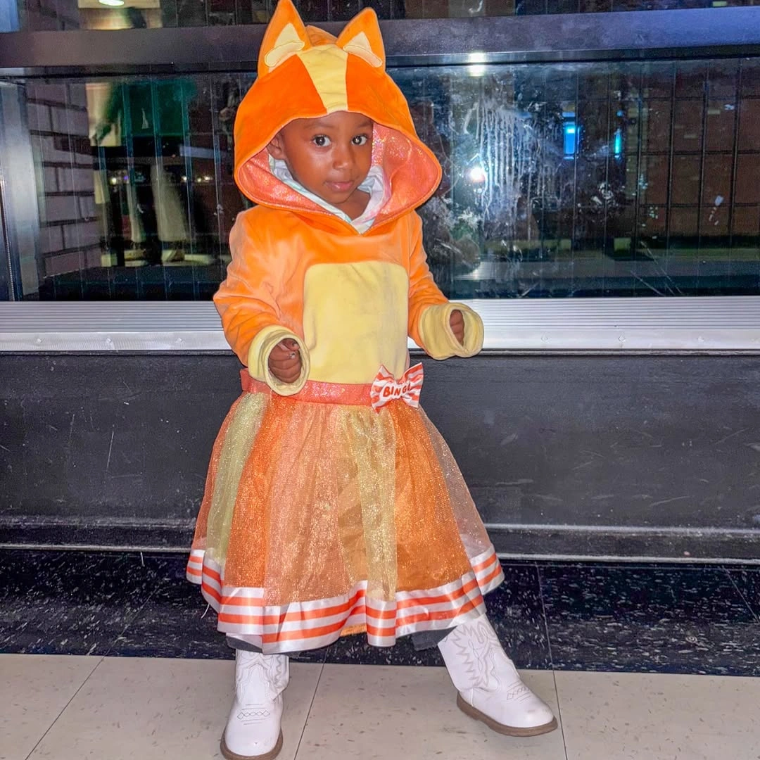 Girl fox costume with orange hood pale layers and white boots