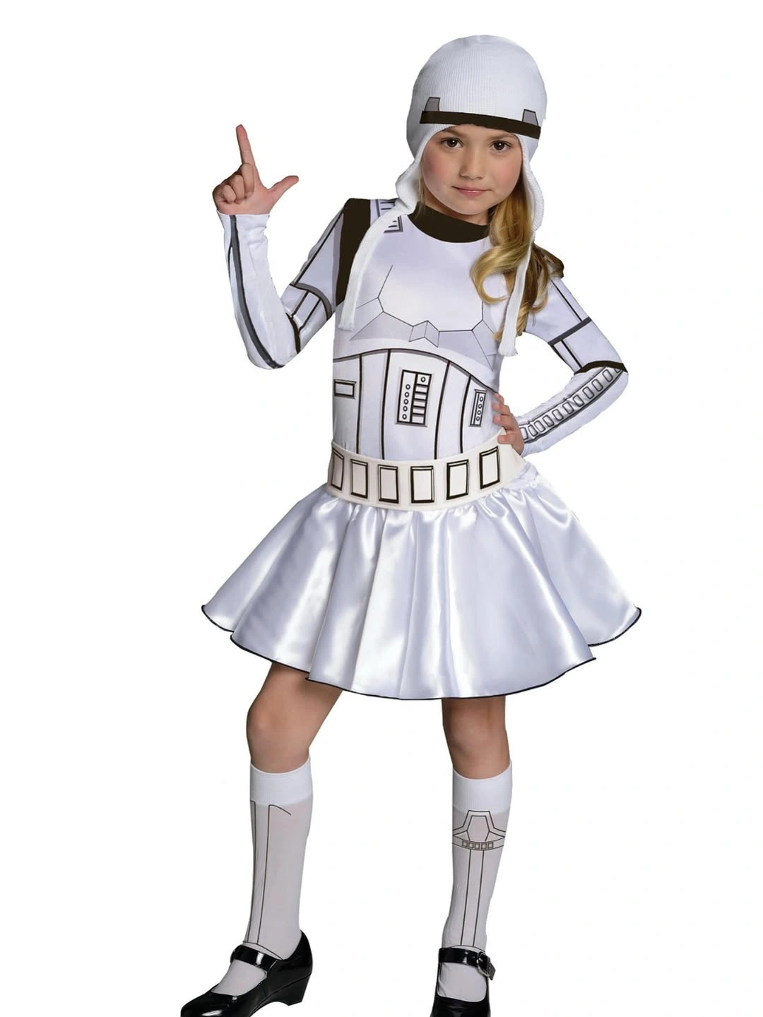 Girl space costume with white silver dress and rounded helmet