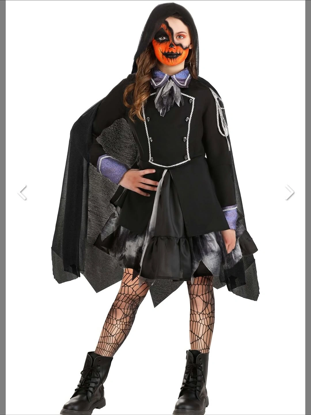 Girl black hooded cape costume with orange jack o lantern face