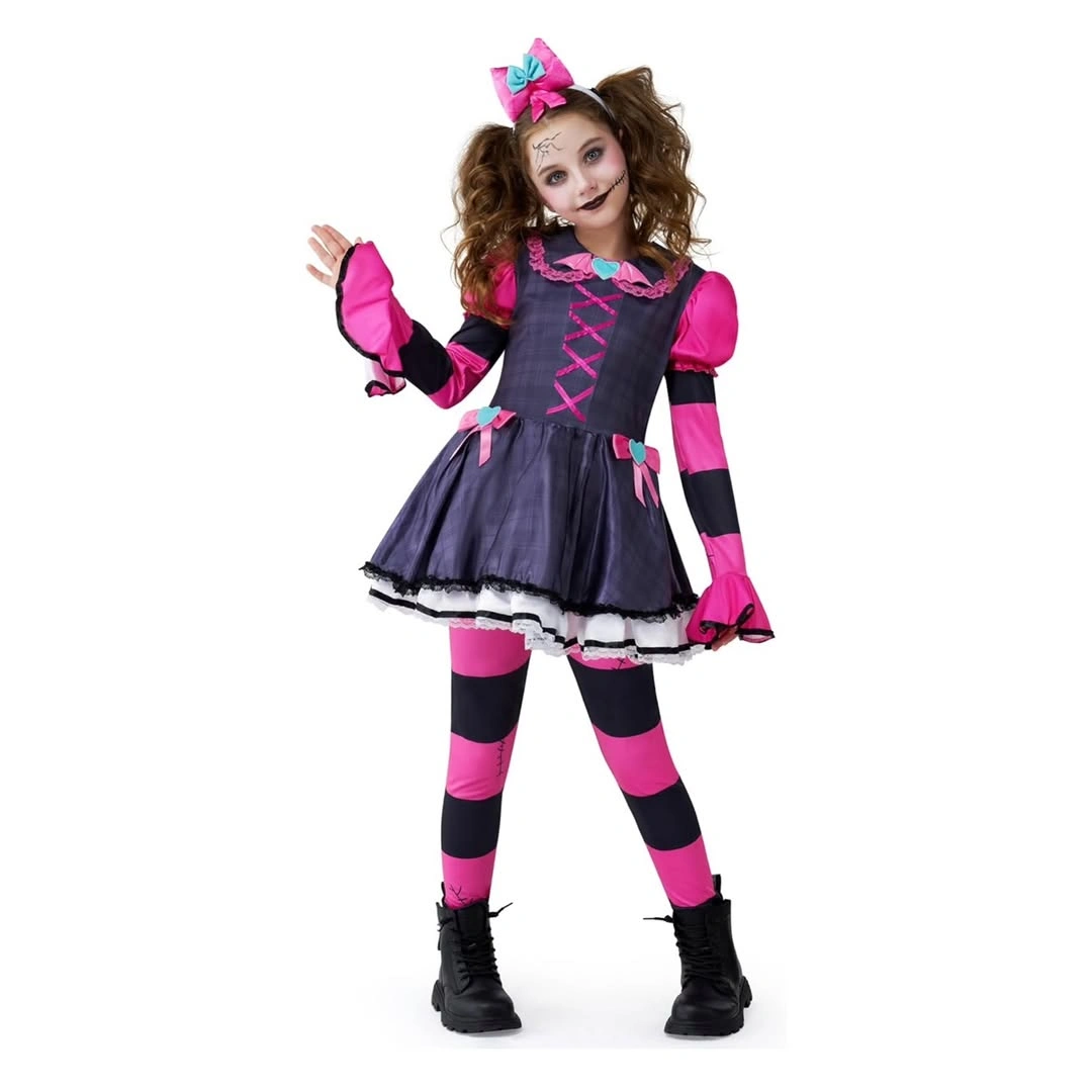 Girl Halloween dress in black purple with pink striped tights
