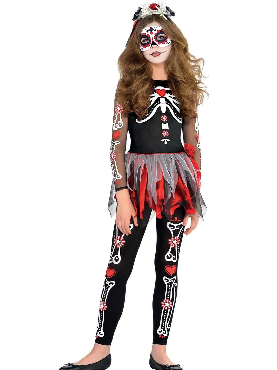 Girl in black skeleton print costume with simple face detail