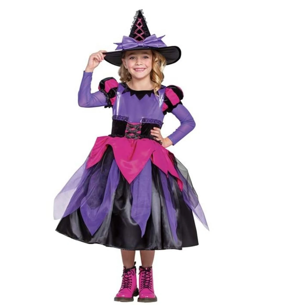Girl witch costume with purple skirt black top and pointed hat