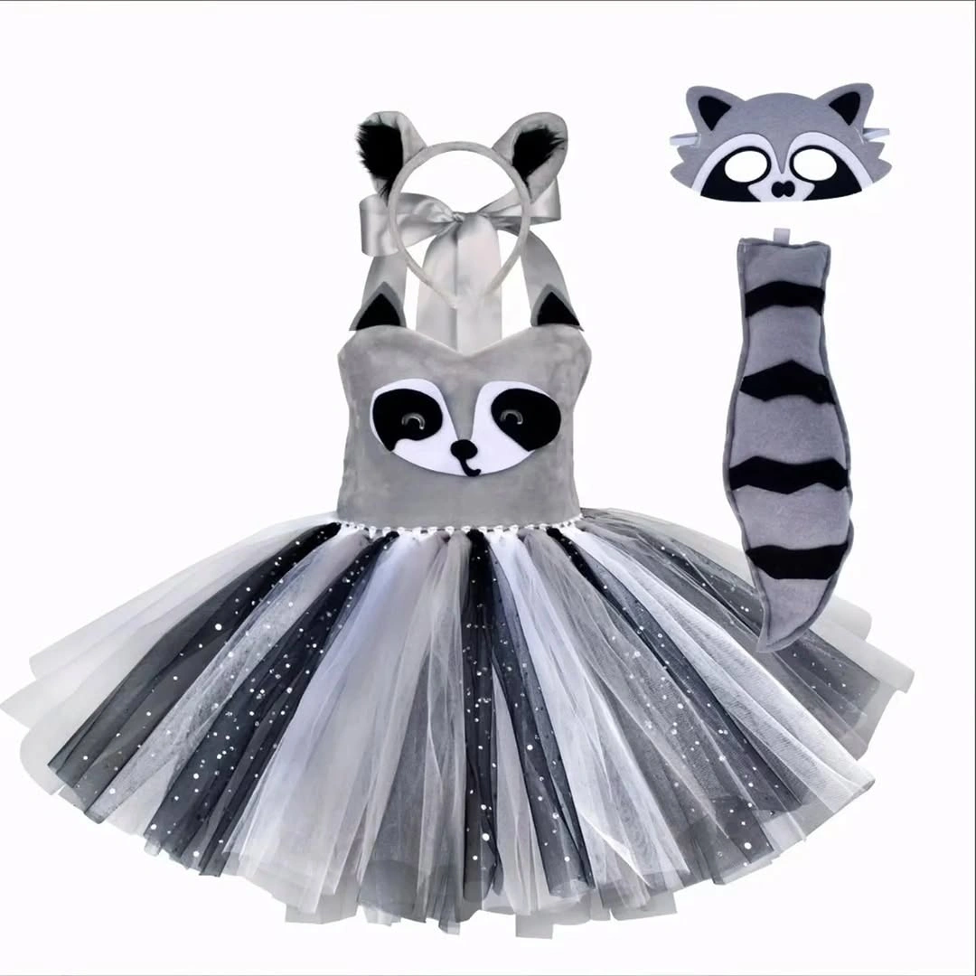 Girl raccoon costume with gray bodice black white tutu and ears