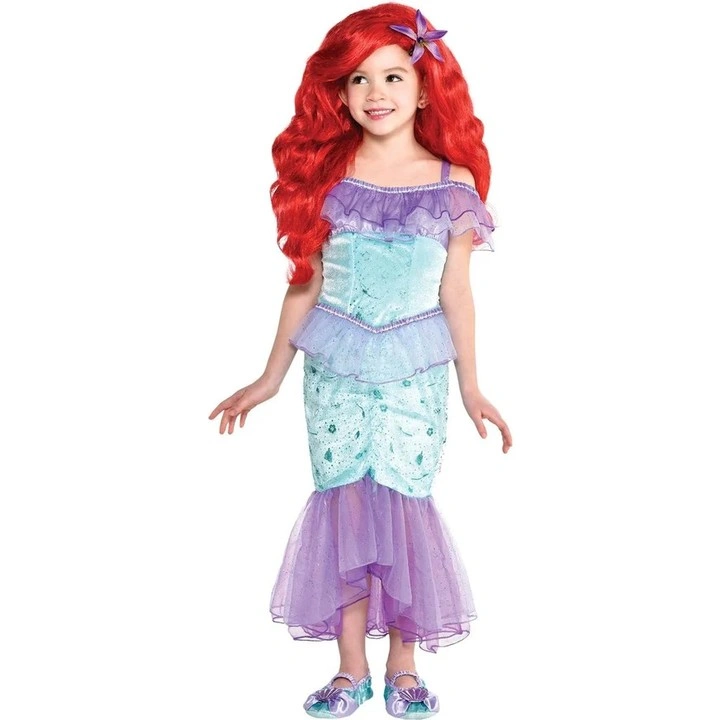Girl mermaid costume with turquoise lavender layers and flowing skirt