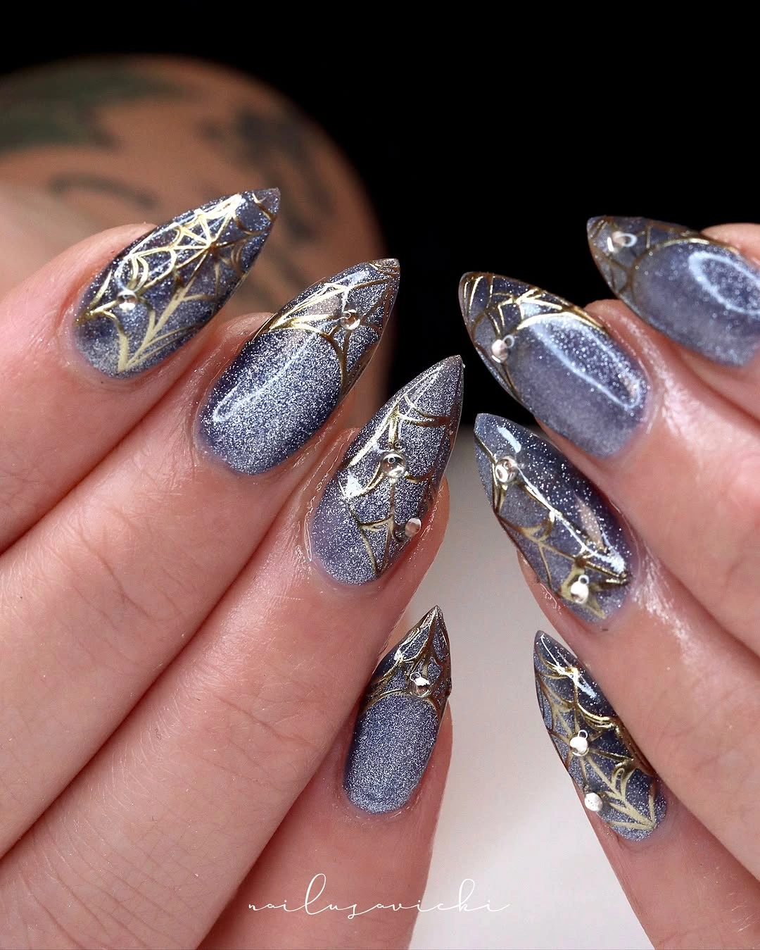 Long silver lilac stiletto nails with web line art