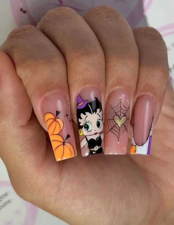 Medium coffin nails with pumpkins ghosts characters and webs
