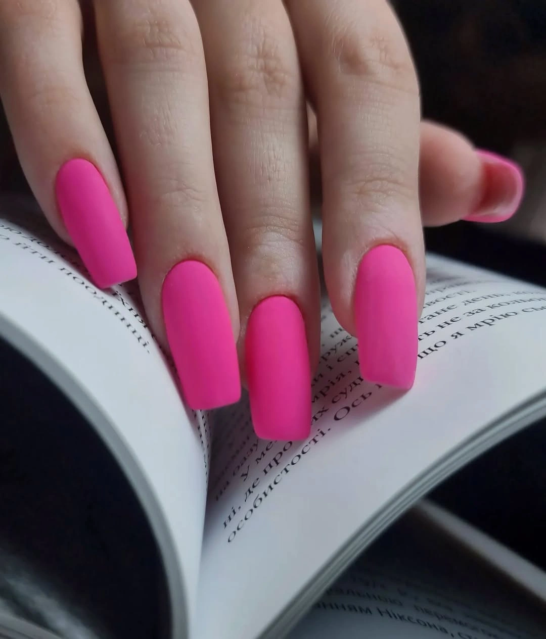 Long hot pink coffin nails with saturated uniform matte color
