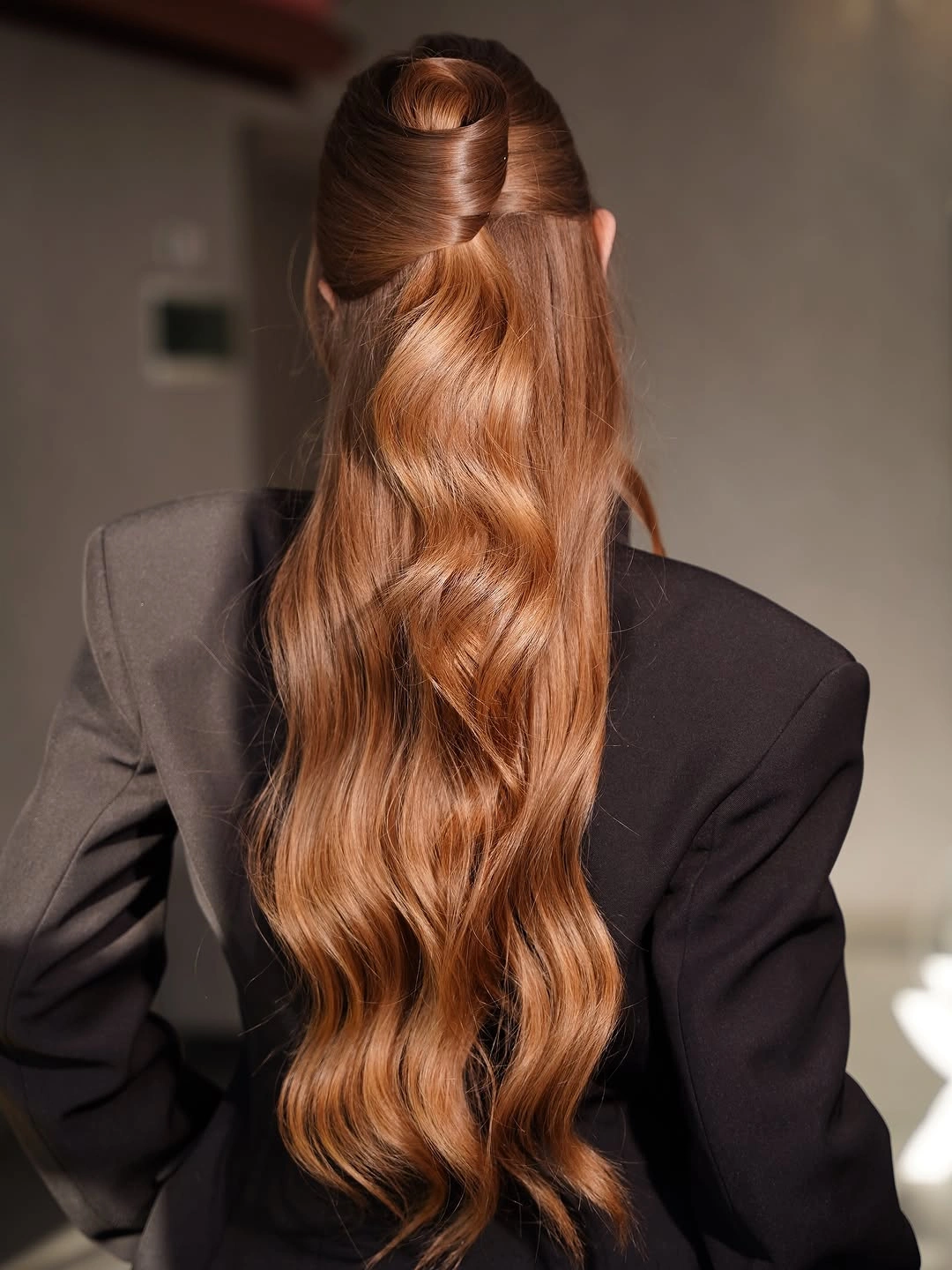 copper middle part half up twist with long rear waves