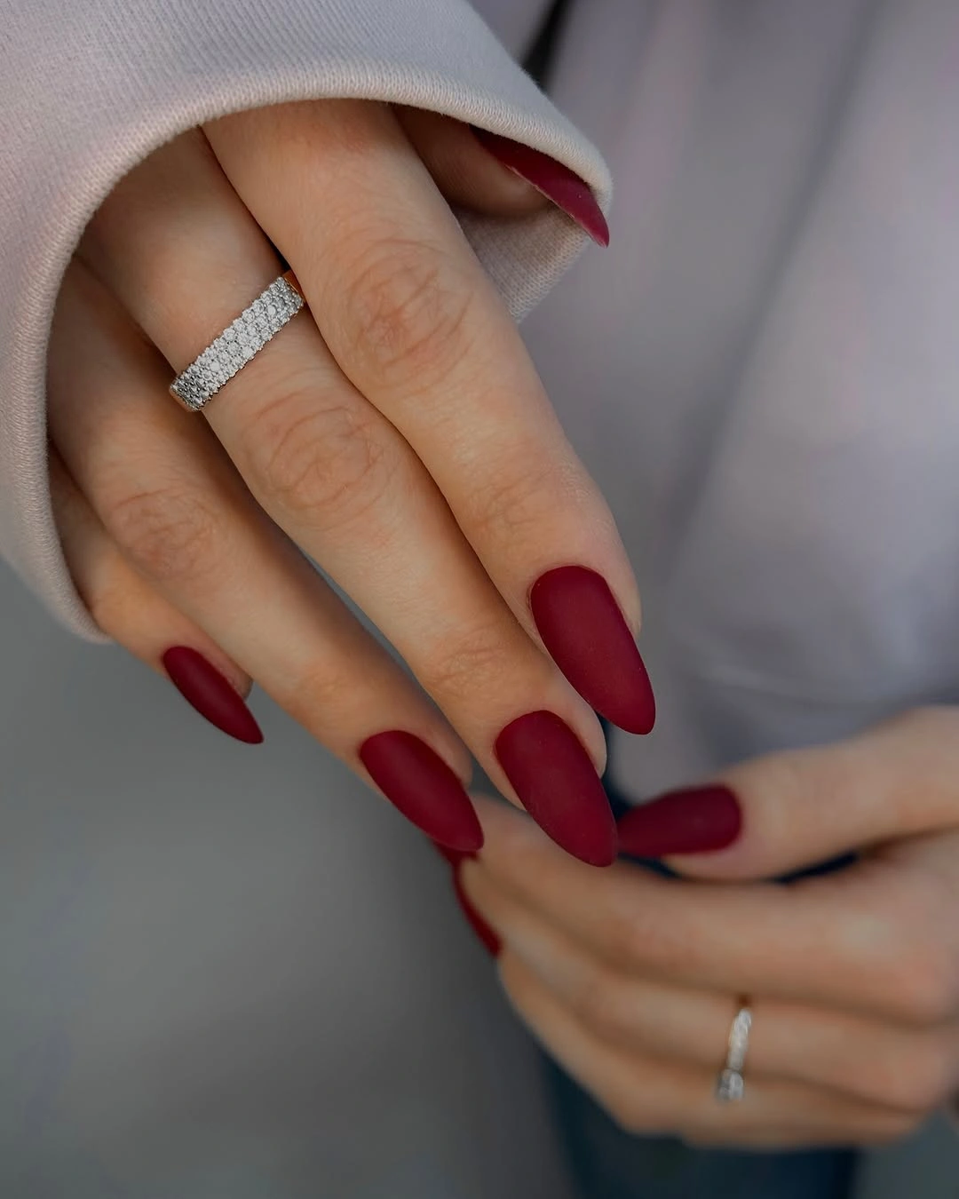 Long glossy wine red almond nails