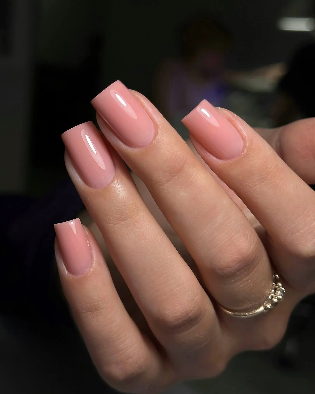 Medium glossy soft pink square nails