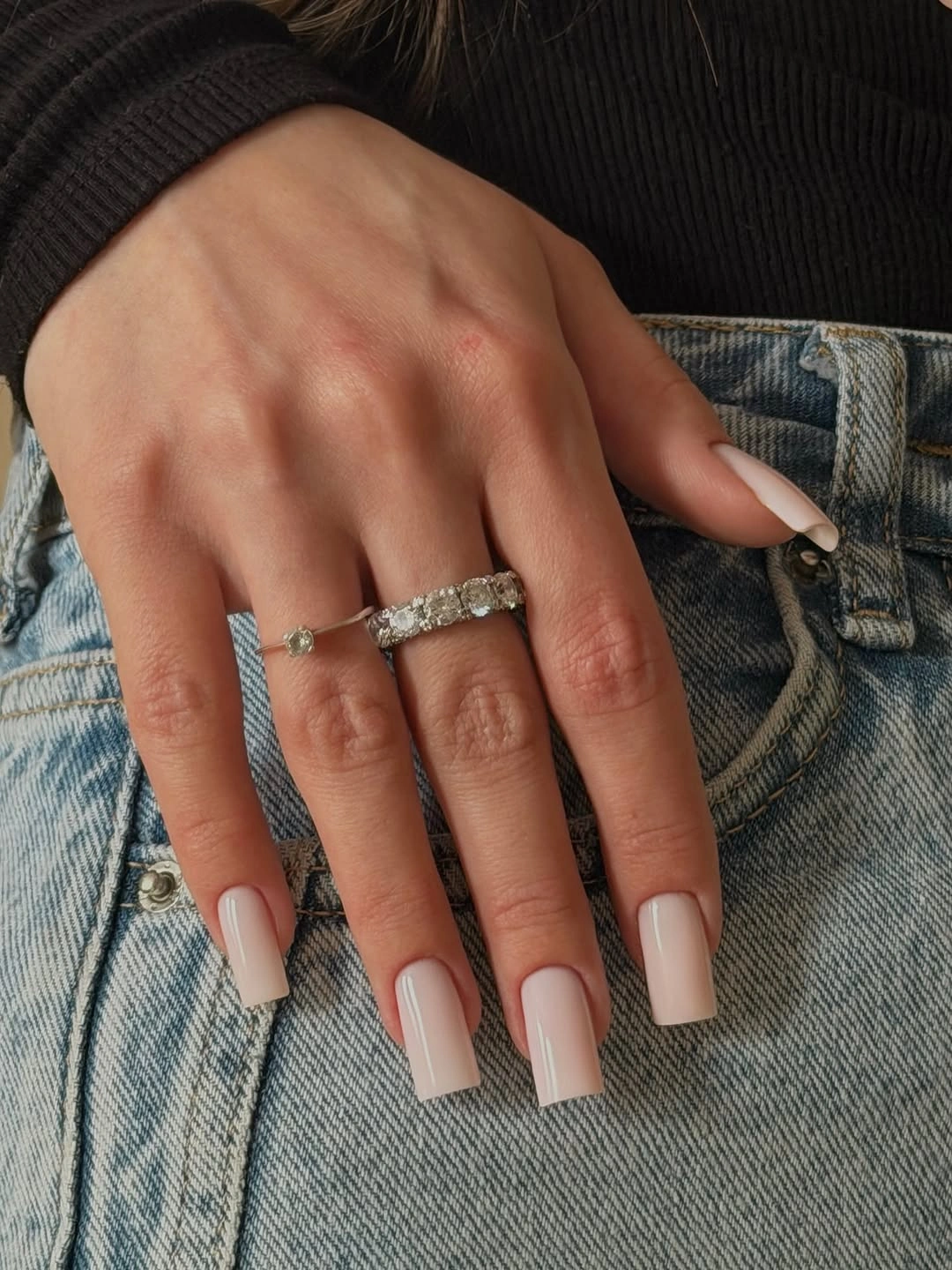 Long glossy pale pink square nails