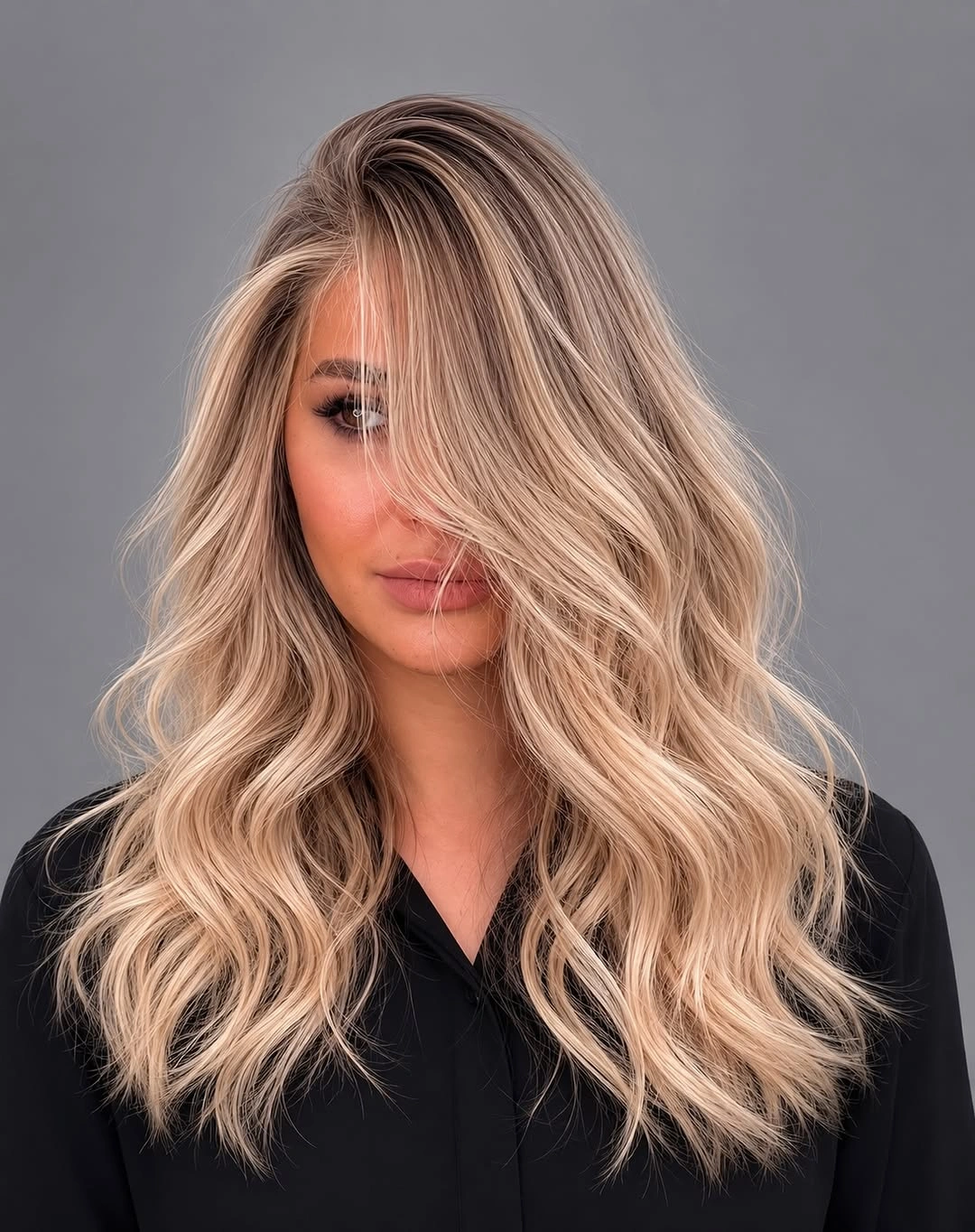 Long beige blonde waves with center part and face framing