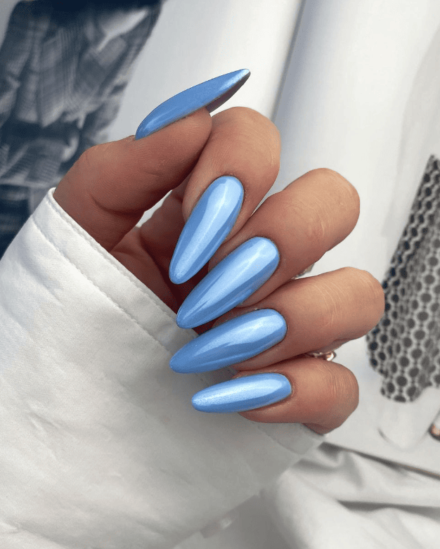 Icy Blue Chrome Stiletto Nails — Winter Blue Nails