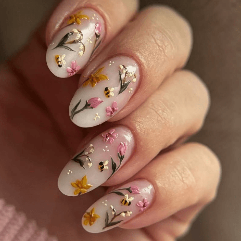 Medium Oval Spring 3D Floral and Bee Design — Easy Nail Designs