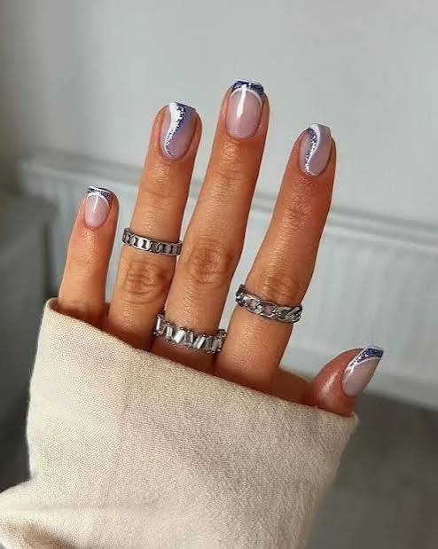 Abstract Silver Glitter French Tips Abstract Silver Glitter French Tips — Short Winter Acrylic Nails