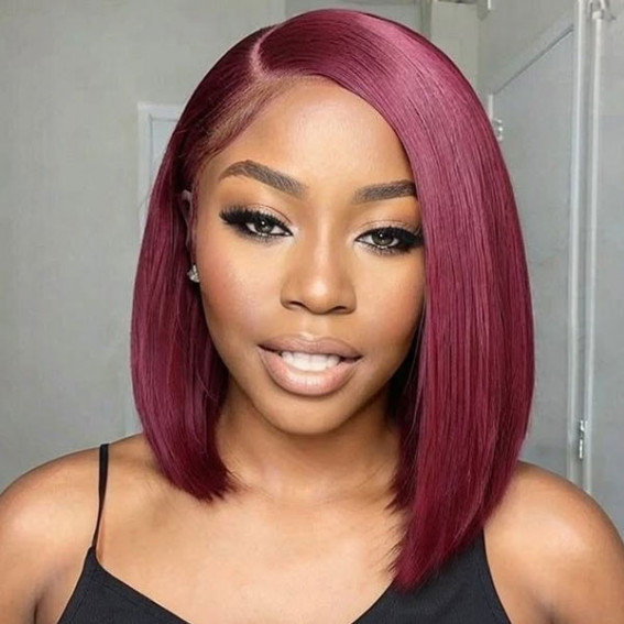 Deep Burgundy Asymmetrical Bob — Winter Hair Colors for Black Women