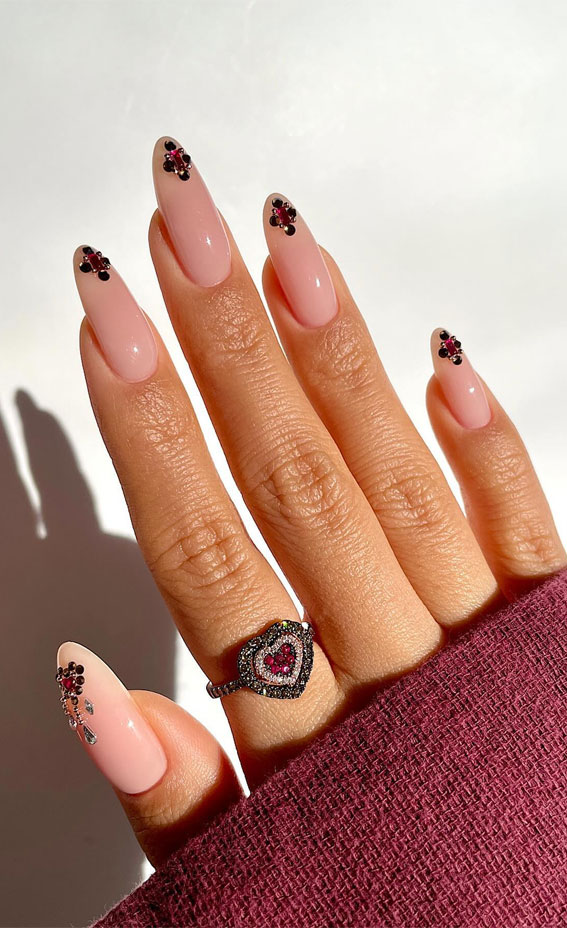 Milky Pink Almond with Rhinestone Florals — Cute Nail Designs