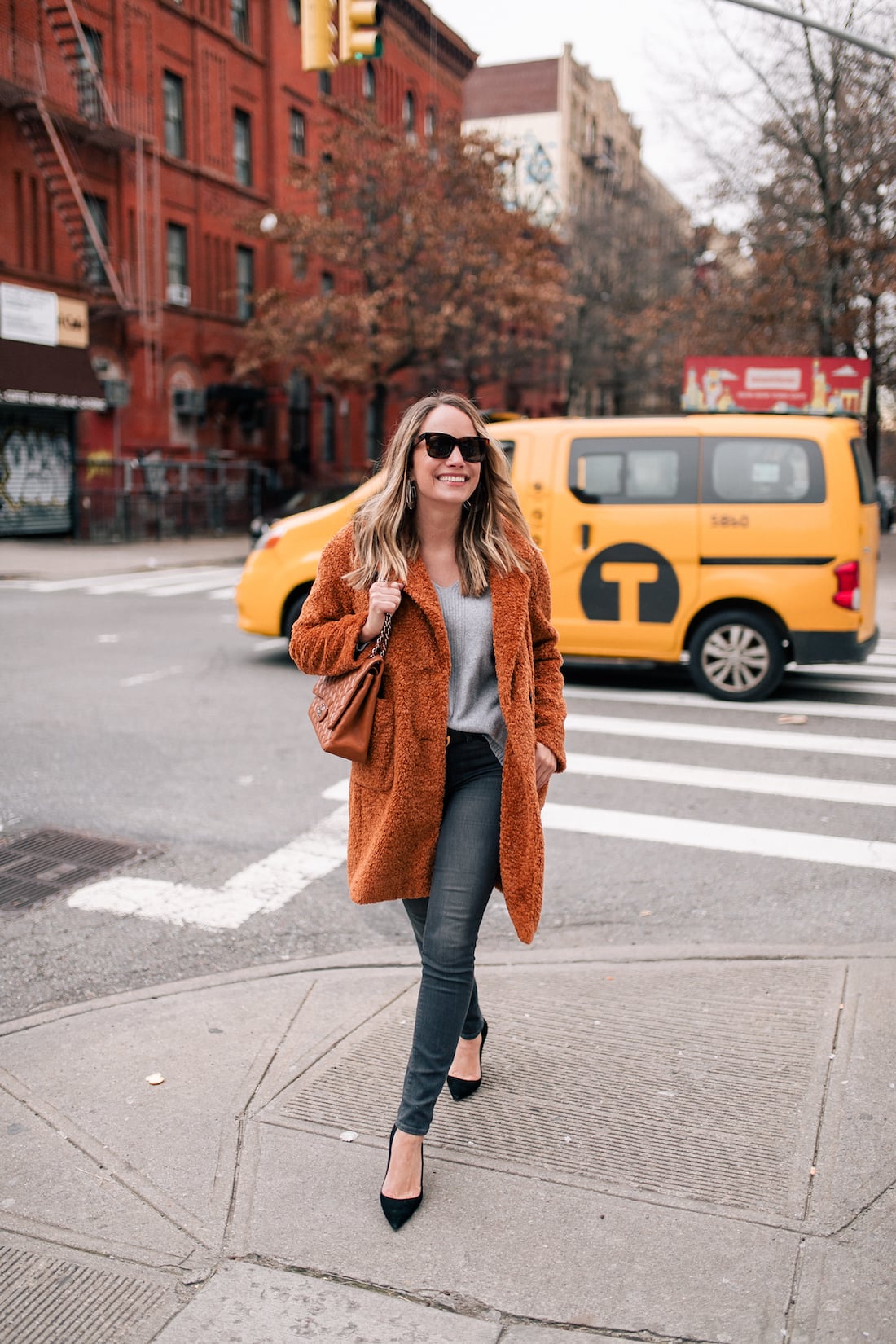 Burnt Orange Teddy Coat with Straight Jeans and Pumps Burnt Orange Teddy Coat with Straight Jeans and Pumps — Teddy Coat Outfits