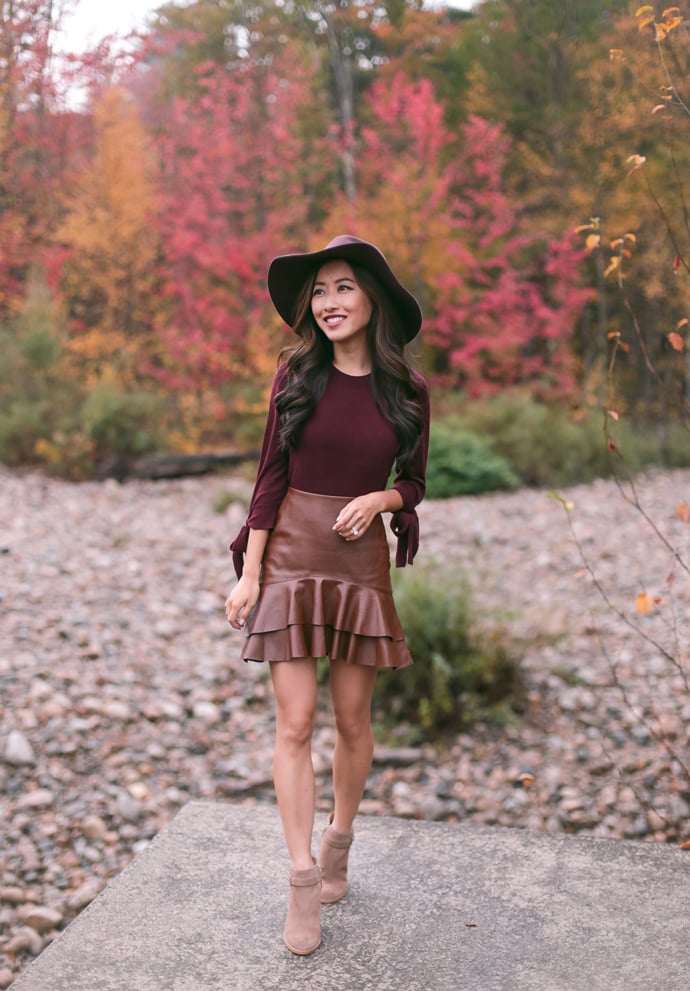 Fall Ready: Brown Ruffled Faux Leather Mini Skirt with Burgundy Top and Hat Fall Ready: Brown Ruffled Faux Leather Mini Skirt with Burgundy Top and Hat — Leather Skirt Outfits