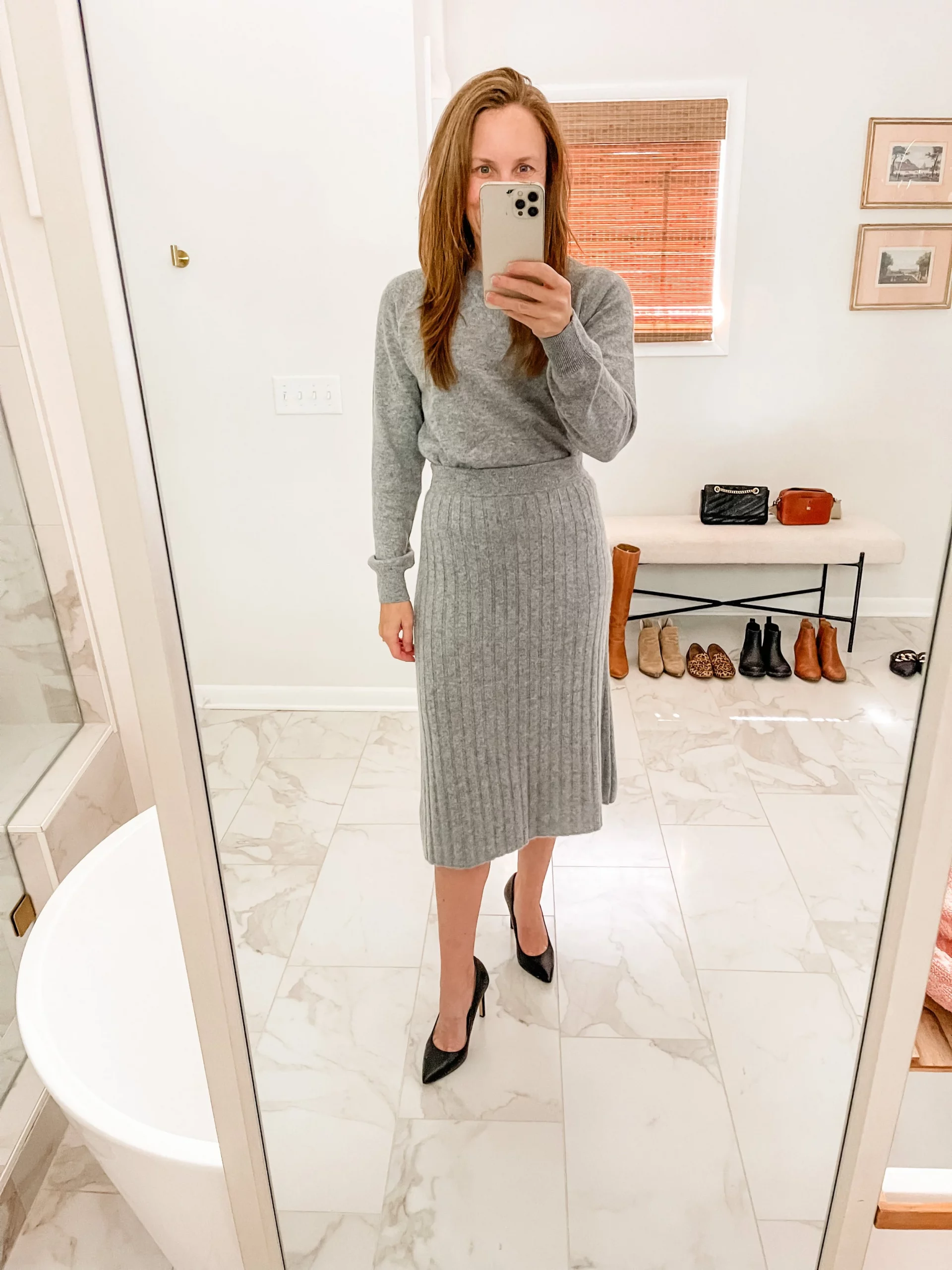Monochromatic Grey Knit Midi Set Monochromatic Grey Knit Midi Set — Winter Church Outfits