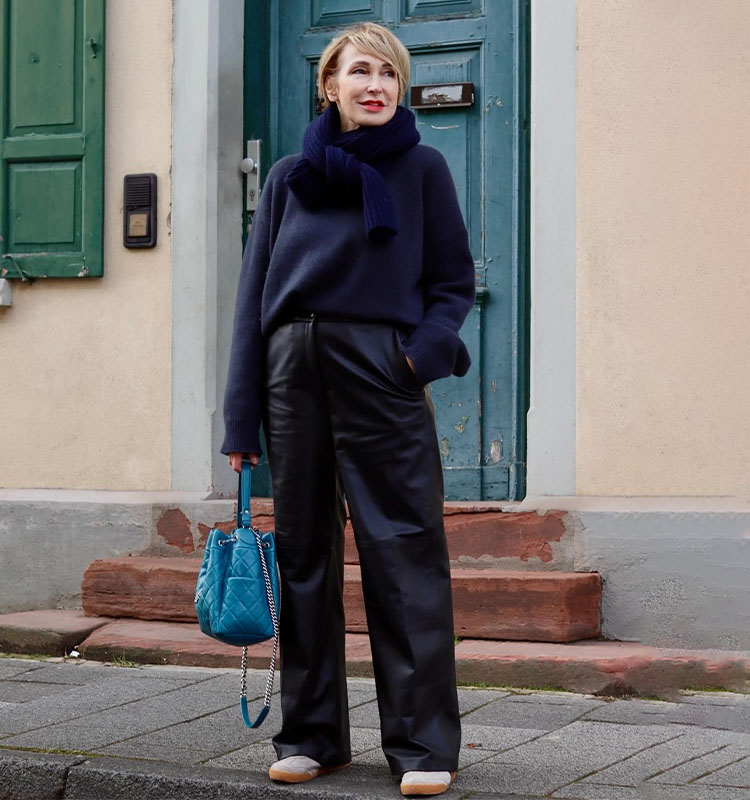 Navy Sweater and Leather Trousers with a Pop of Blue — Winter Capsule Wardrobe