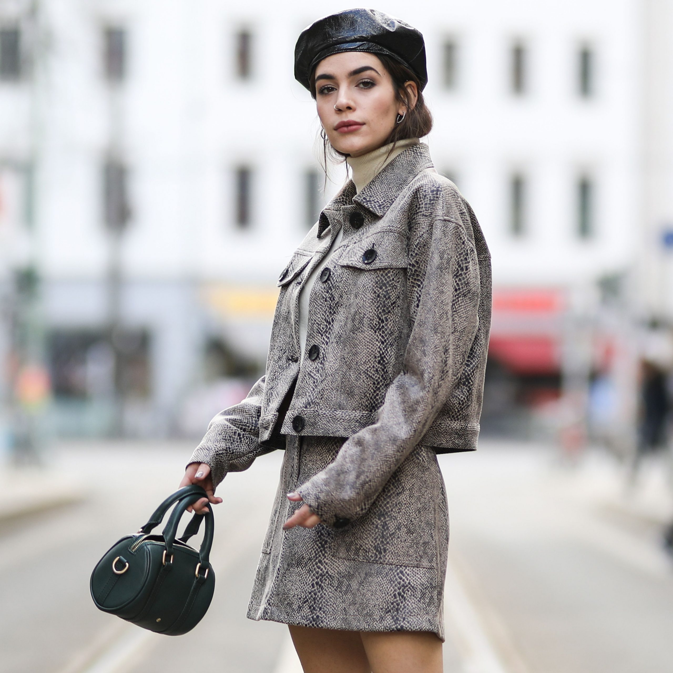 Leather Beret with Snakeskin Print Set and Turtleneck Leather Beret with Snakeskin Print Set and Turtleneck — Beret Outfits