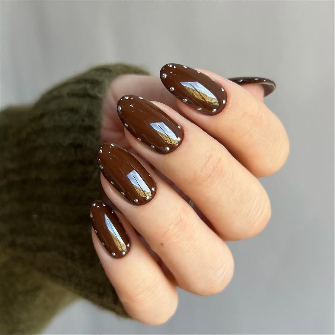 Chocolate Brown with Silver Studs — Winter Gel Nail Colors
