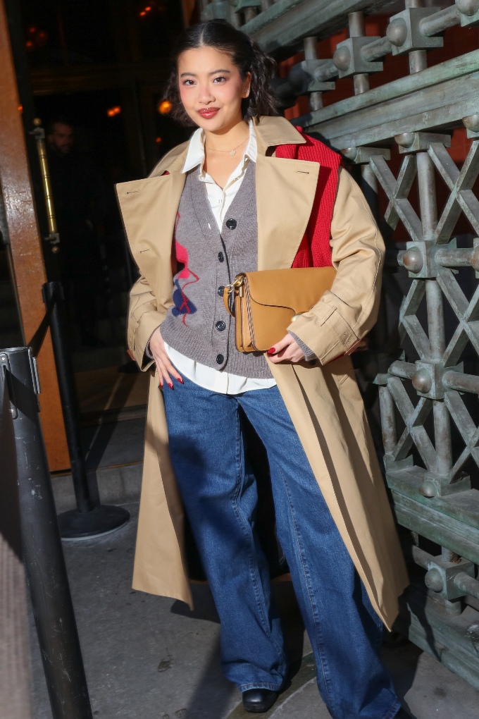 Layered Tan Trench Coat Over a Cardigan, Shirt, and Jeans with a Red Scarf Layered Tan Trench Coat Over a Cardigan, Shirt, and Jeans with a Red Scarf — NYC Winter Outfits