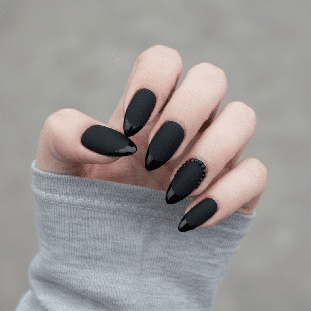 Matte Black with Glossy French and Rhinestones — Winter Matte Nails