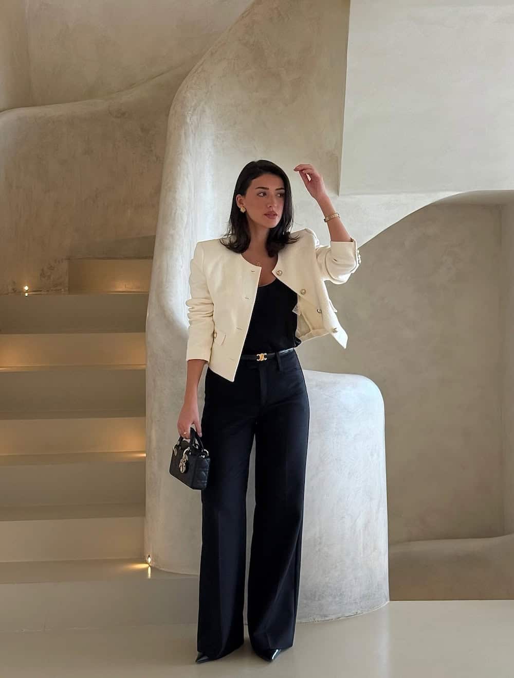 Textured Cream Jacket with Leather Trim and Black Trousers Textured Cream Jacket with Leather Trim and Black Trousers — Old Money Winter Outfits