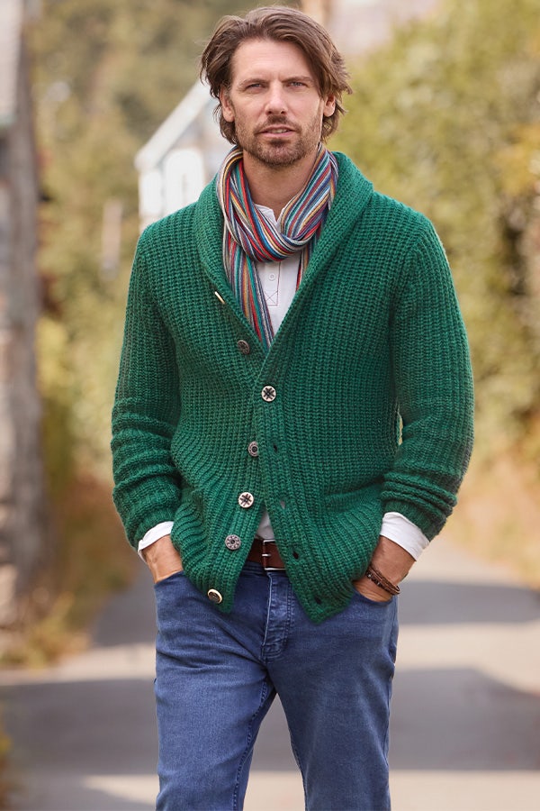 Chunky Knitwear: Green Cardigan and Striped Scarf Chunky Knitwear: Green Cardigan and Striped Scarf — Winter Outfits for Men