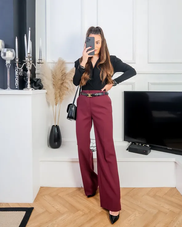 Smart Casual Burgundy Wide-Leg Trousers with Black Blouse — Burgundy Outfits