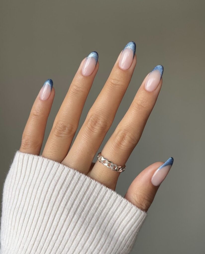 Sheer Pink Glitter French Almond Nails — Winter Oval Nails